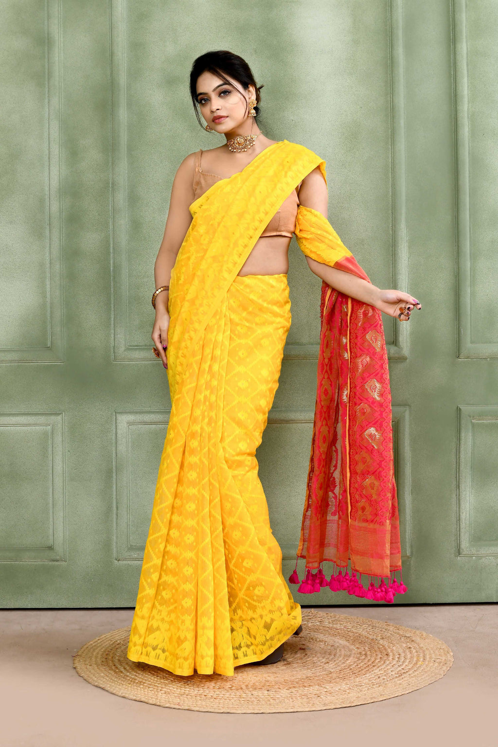 Piyari Fashion Women's Yellow Embellished Cotton Blend Jamdani Saree - Distacart