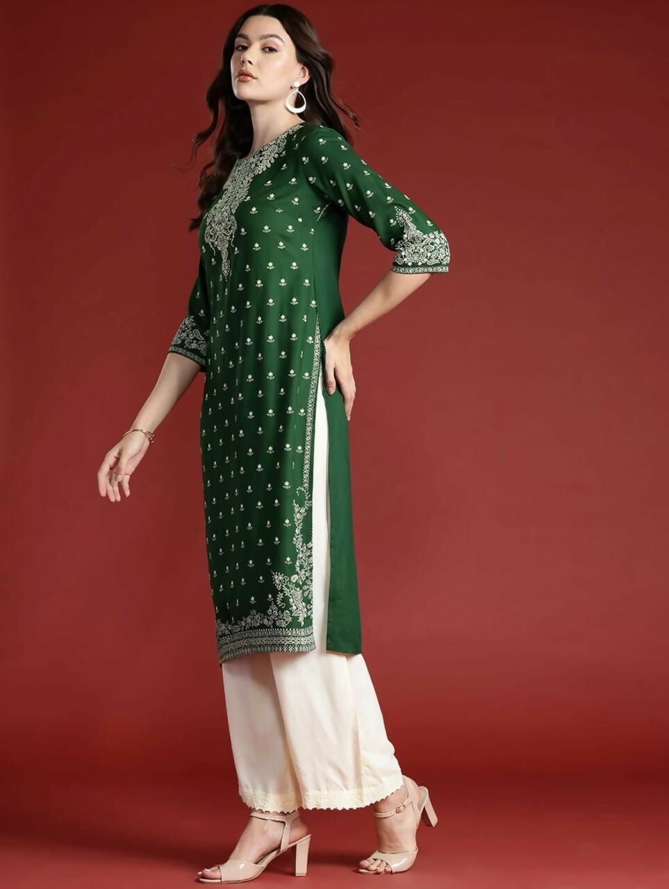 Cheera Women Stylish Hand Block Printed Cotton Blend Flared Kurta - Green
