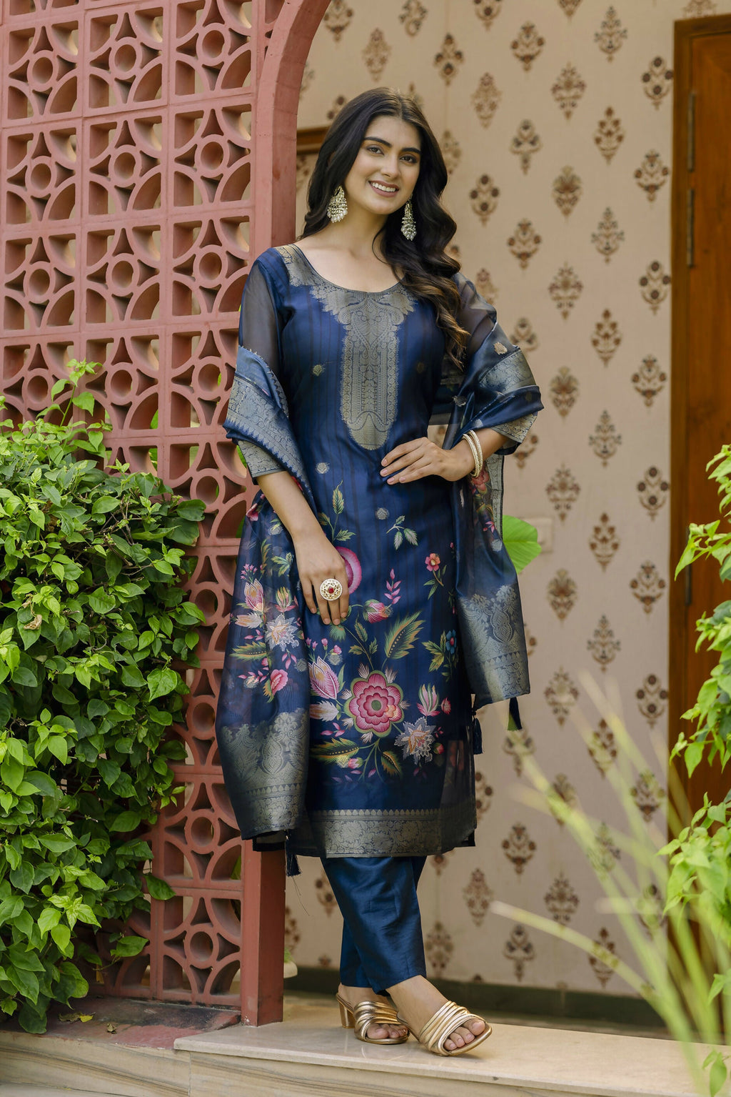 The52 Women's Beautiful Printed Work Jacquard Organza Fabric Straight Kurta Pant and Dupatta Set - Distacart