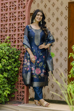 The52 Women's Beautiful Printed Work Jacquard Organza Fabric Straight Kurta Pant and Dupatta Set - Distacart
