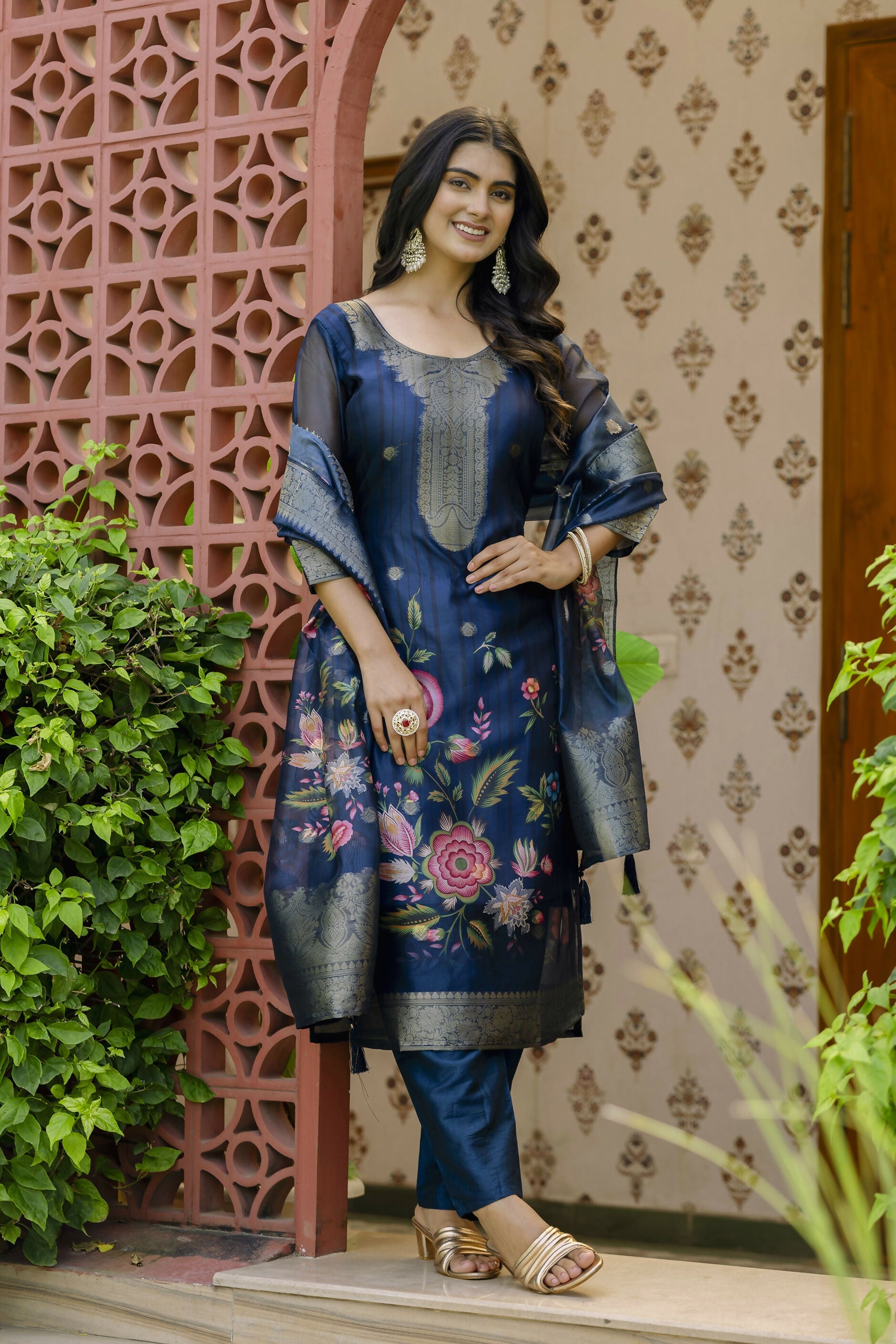 The52 Women's Beautiful Printed Work Jacquard Organza Fabric Straight Kurta Pant and Dupatta Set - Distacart