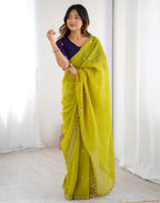 Lorenvalley Fashion Parrot Green Crunchy Silk Multi Embroidery Work Saree with Blouse - Distacart
