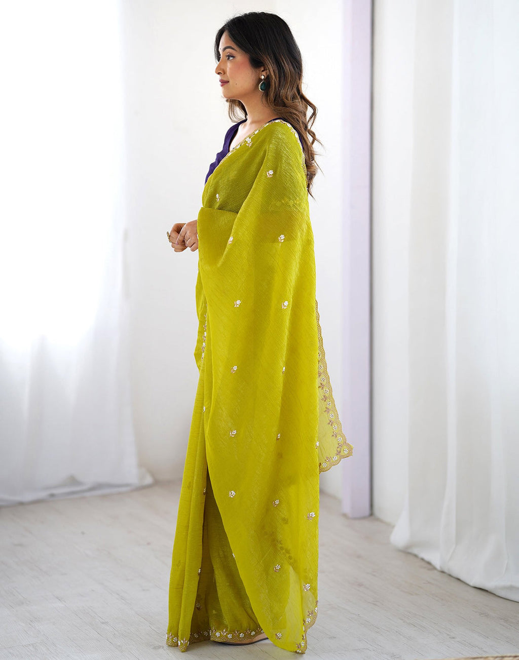 Lorenvalley Fashion Parrot Green Crunchy Silk Multi Embroidery Work Saree with Blouse - Distacart