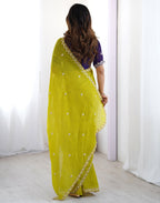 Lorenvalley Fashion Parrot Green Crunchy Silk Multi Embroidery Work Saree with Blouse - Distacart
