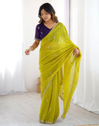 Lorenvalley Fashion Parrot Green Crunchy Silk Multi Embroidery Work Saree with Blouse - Distacart