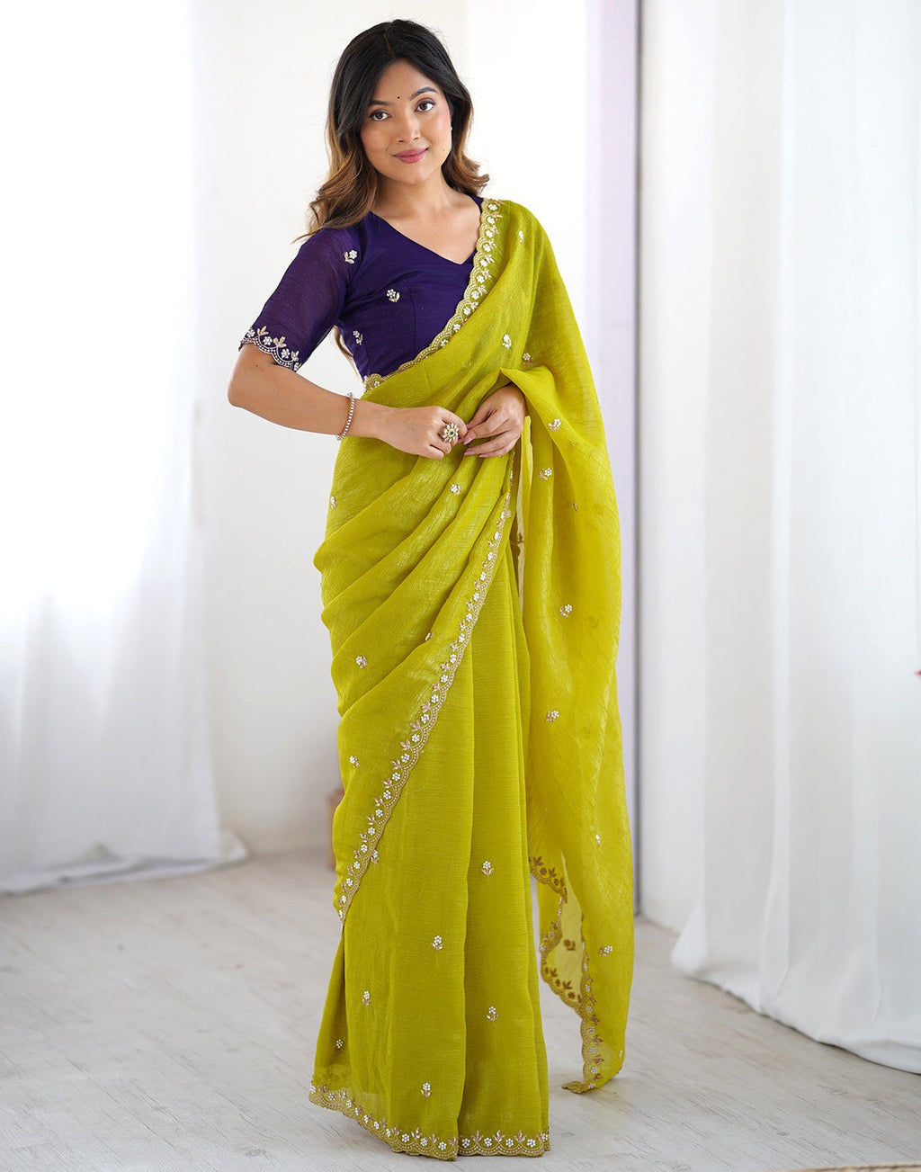 Lorenvalley Fashion Parrot Green Crunchy Silk Multi Embroidery Work Saree with Blouse - Distacart