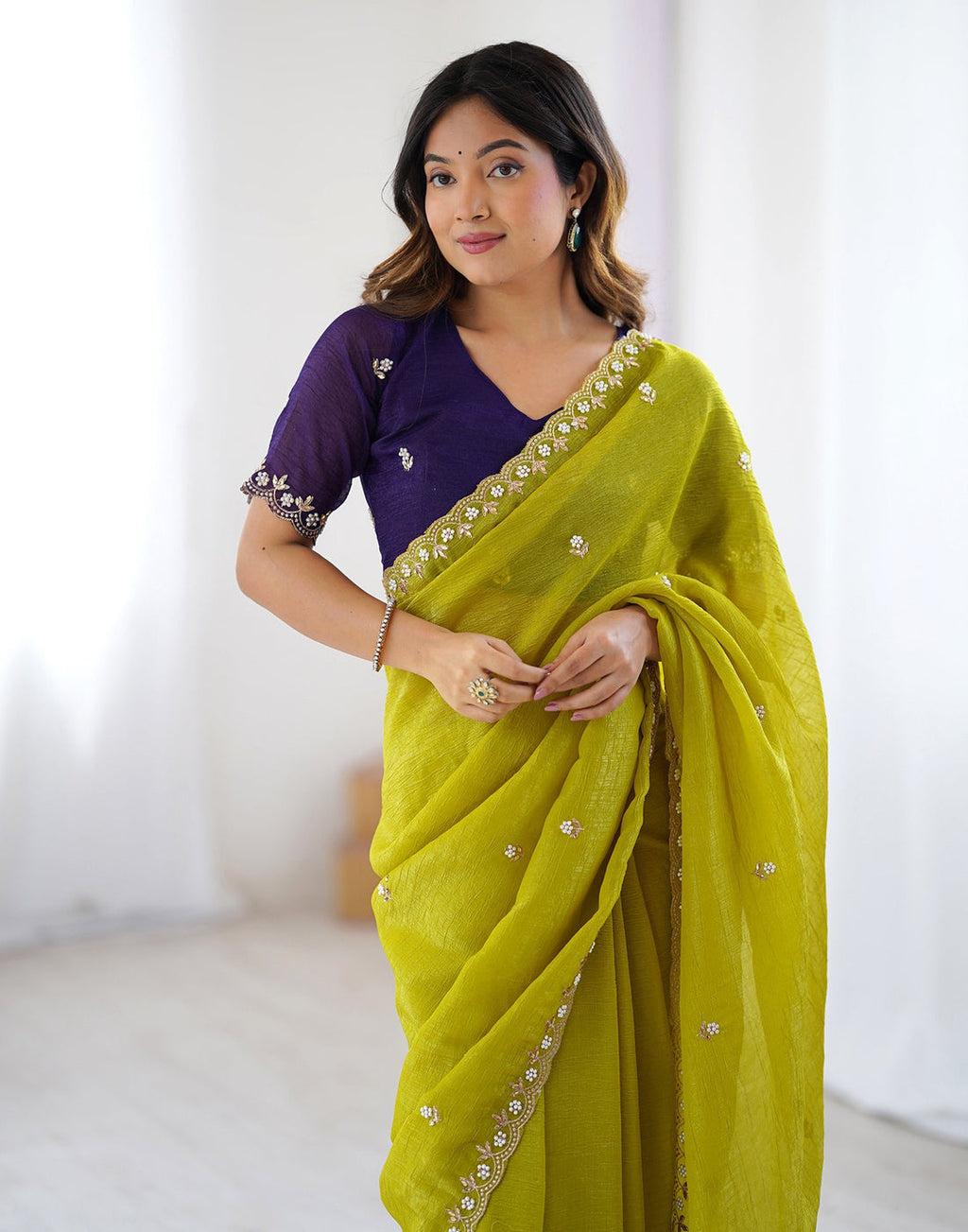 Lorenvalley Fashion Parrot Green Crunchy Silk Multi Embroidery Work Saree with Blouse - Distacart