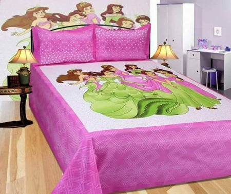 Vamika Printed Cotton Cindrella Design Pink Bedsheet With Pillow Covers (PM Cinderella Pink)
