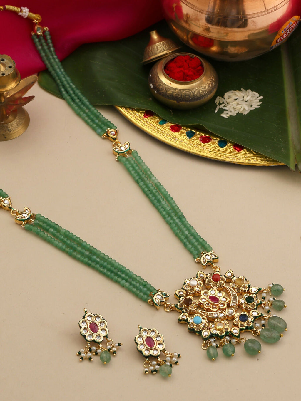 Ruby Raang Long Kundan Neckpiece With Earrings