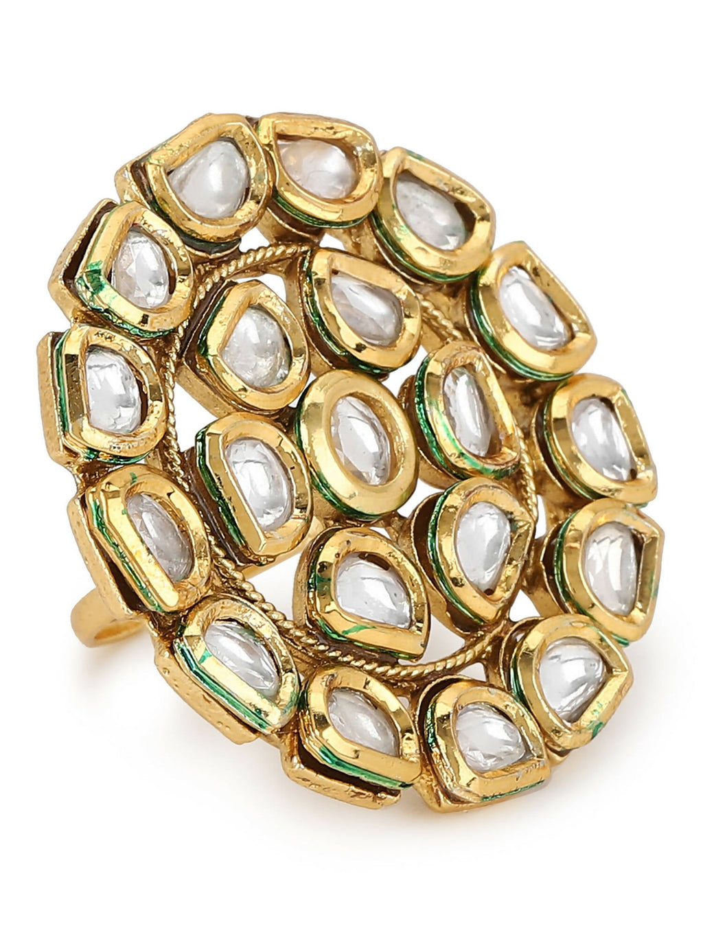 Gold-Plated White Kundan Studded Adjustable Finger Ring - Ruby Raang - Distacart
