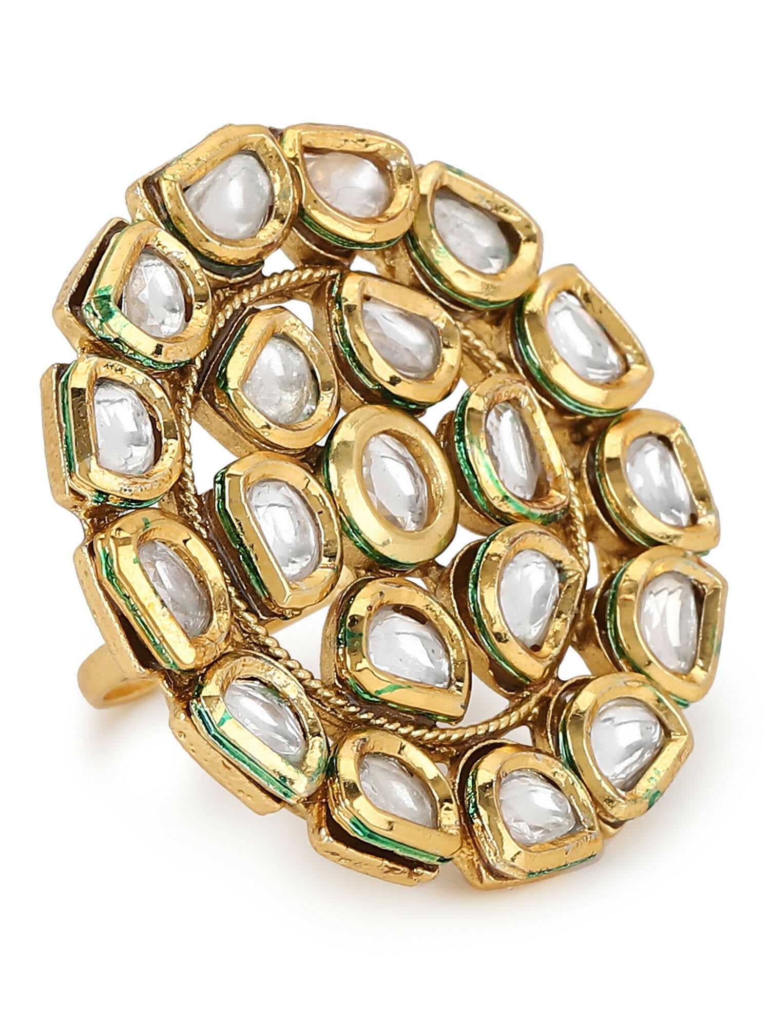 Gold-Plated White Kundan Studded Adjustable Finger Ring - Ruby Raang - Distacart