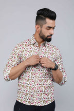 Miravan Men's Cotton Printed Full Sleeve Slim Fit Spread Neck White & Pink Colour Shirt
