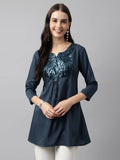 Teal Poly Cotton Yoke Sequence Embroidered A-line Top - Bosky