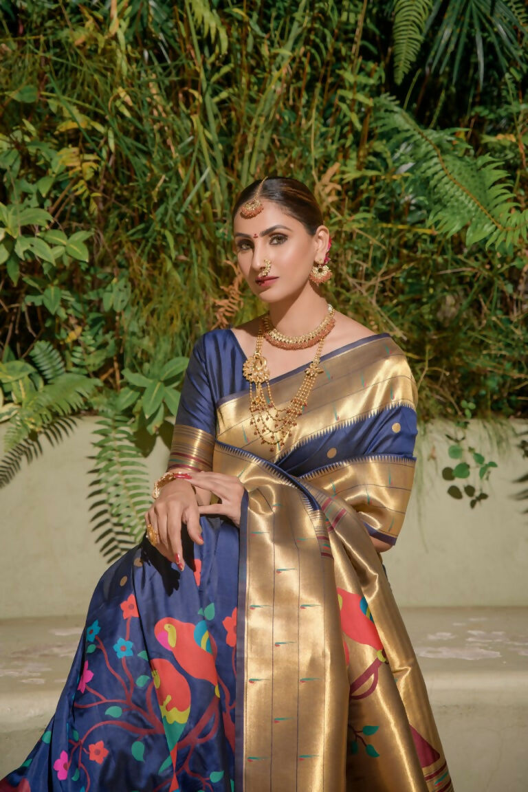 Jyoti Fashion Women's Navy Blue Paithani Silk Zari Woven Saree with Blouse