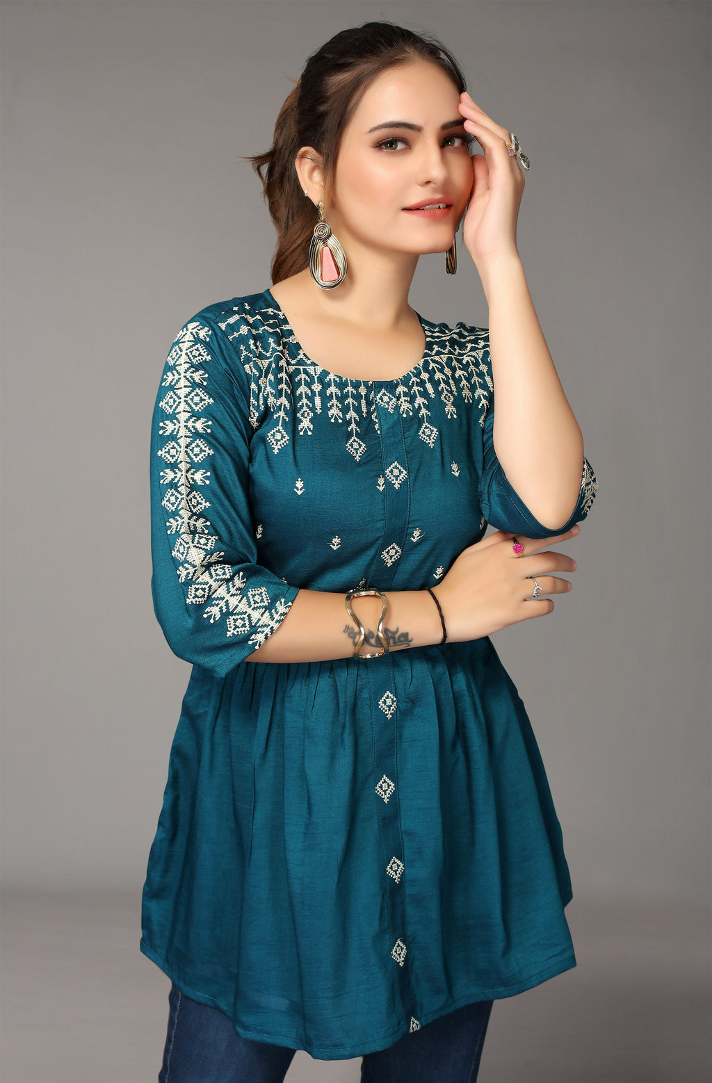 Women's Teal Viscose blend Embroidered Short Top - Marina