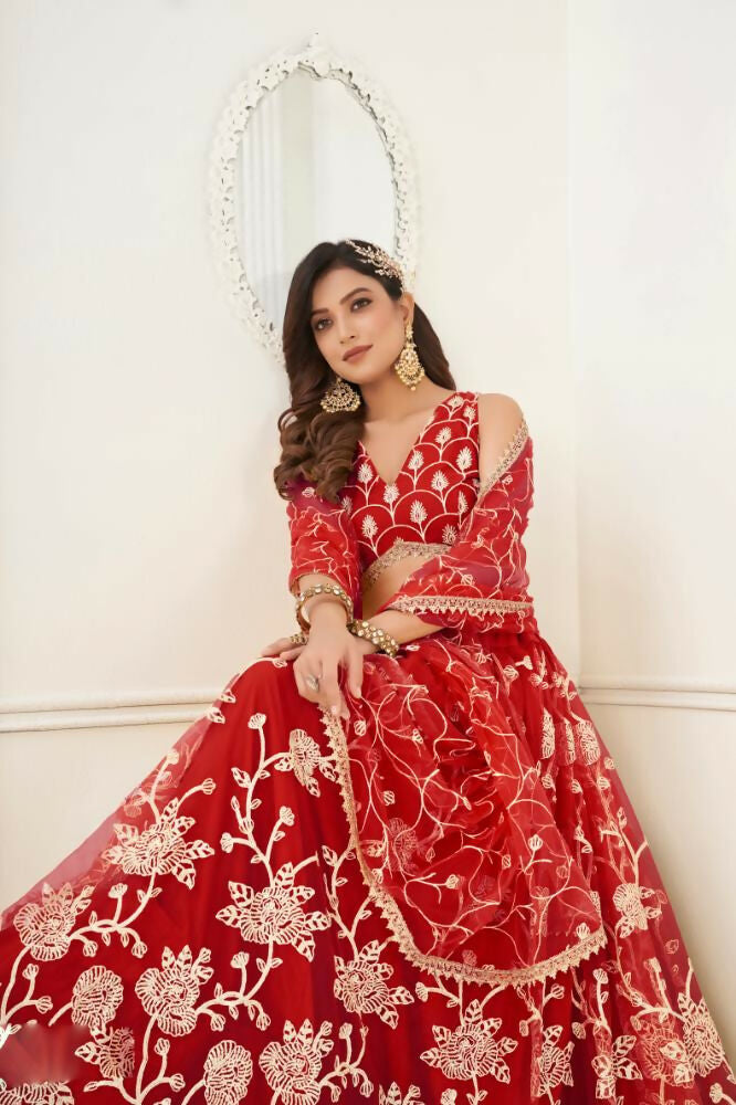 Aastha Fashion Red Butterfly Net White Cotton Thread Work And Sequence Work Embroidery Wedding Wear Lehenga Choli