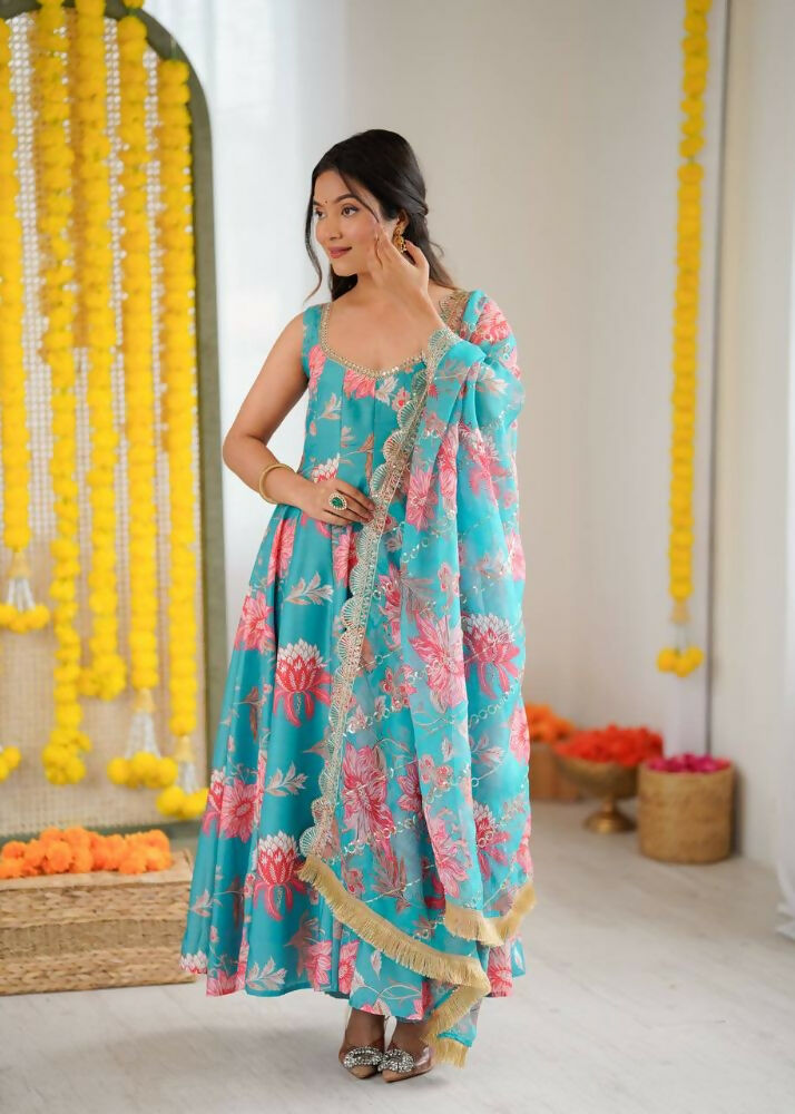 Teeya Creation Blue Pure Muslin Silk Digital Print Traditional Wear Long Gown - Distacart