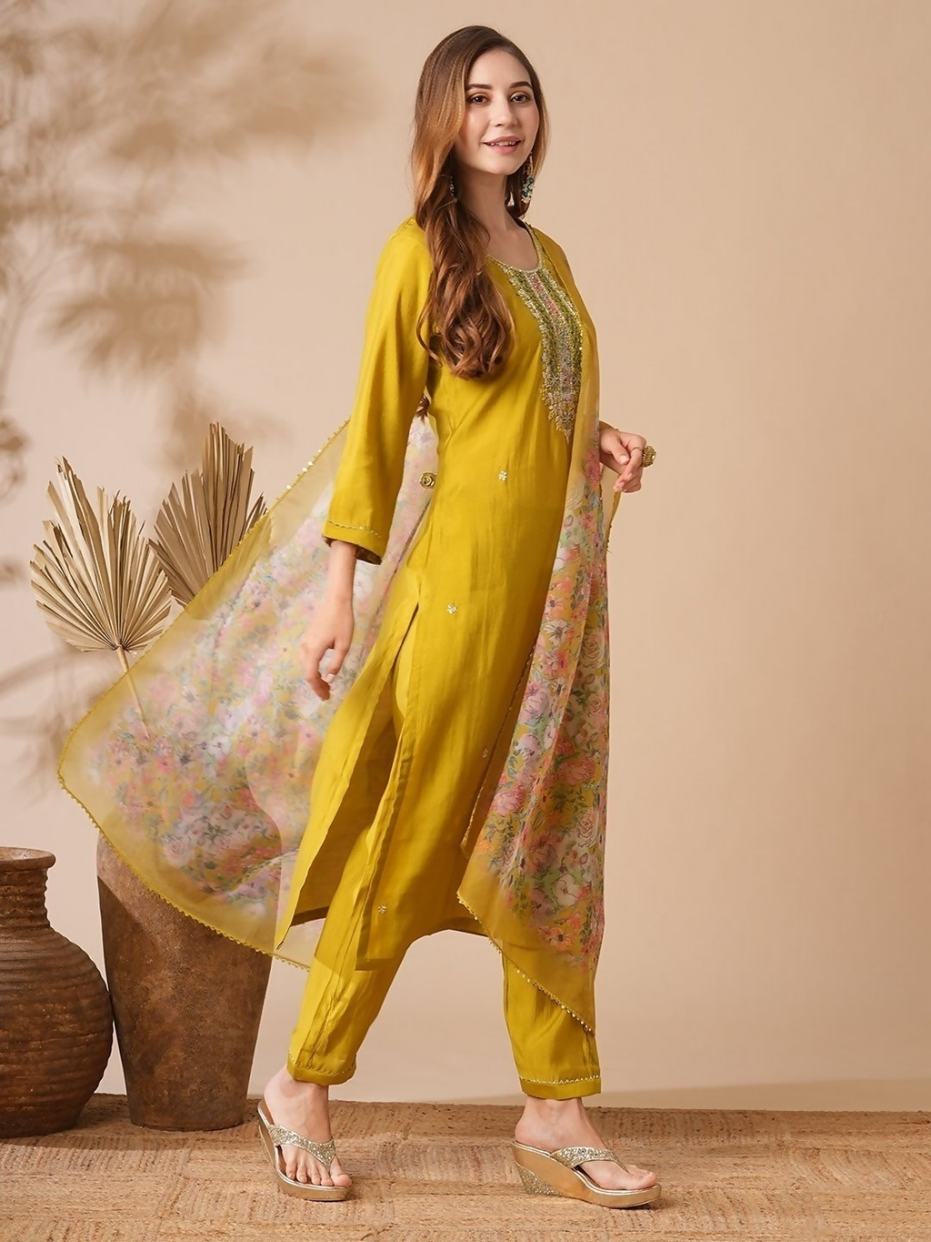 The52 Women's Beautiful Viscose Chanderi Fabric Embroidery Work Straight Kurta Pant and Dupatta Set - Distacart