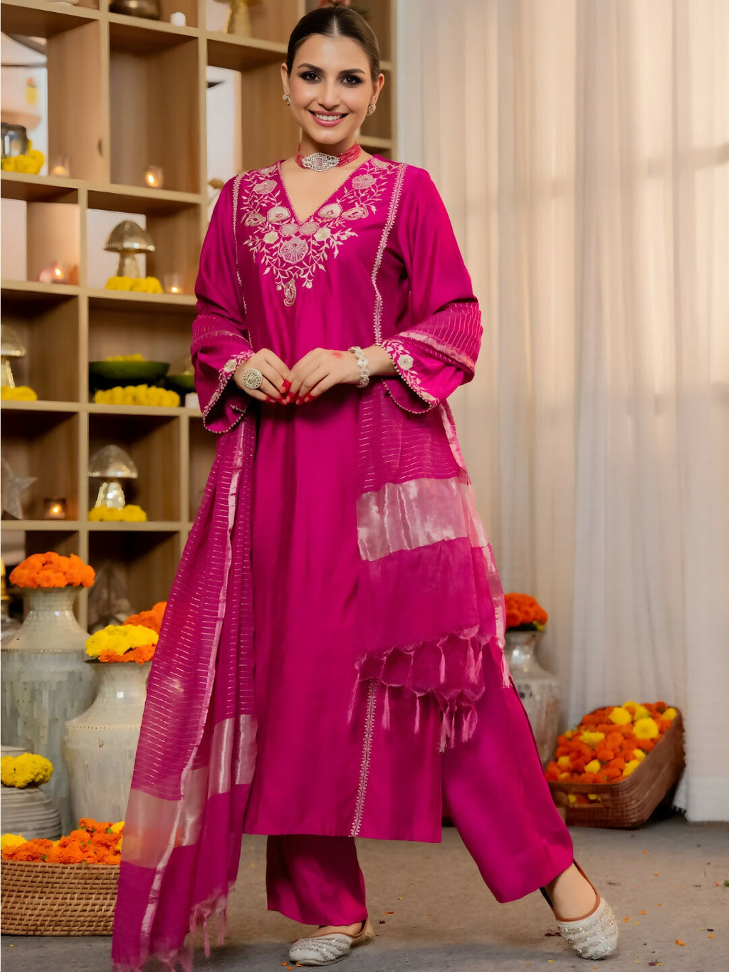 The52 Women's Beautiful Viscose Silk Fabric Embroidery Work A-Line Kurta Pant and Dupatta Set - Distacart