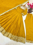 Teeya Creation Yellow Color Pure Vichitra Silk Embroidery Work Party Wear Gown - Distacart