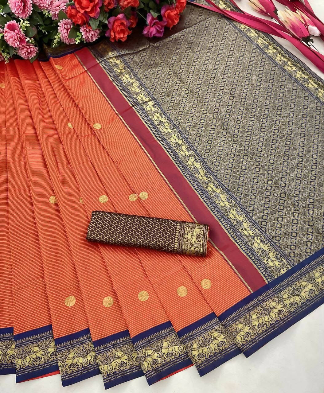 DEIANA'S Beautiful Designer Golden zari Soft Lichi Silk Saree - Orange