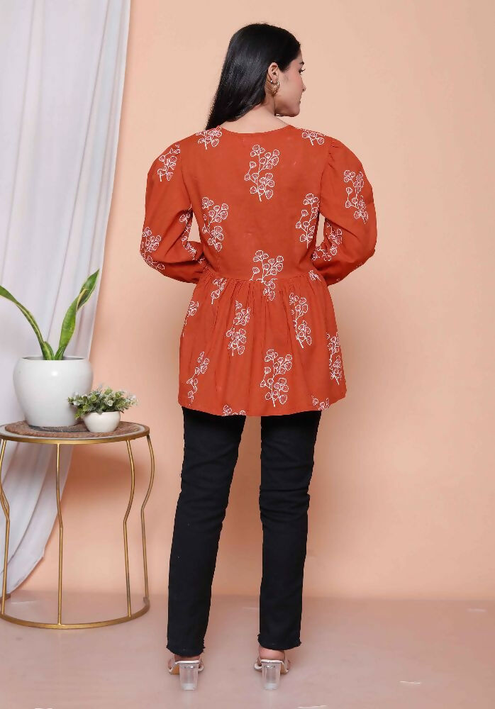 Miravan Womens Rust Floral Printed Balloon Sleeves V Neck Butterfly Top - Distacart