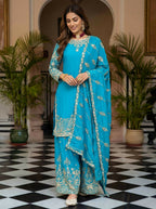 Teeya Creation Sky Chinon Silk Designer Wedding Wear Embroidery Work Palazzo - Distacart