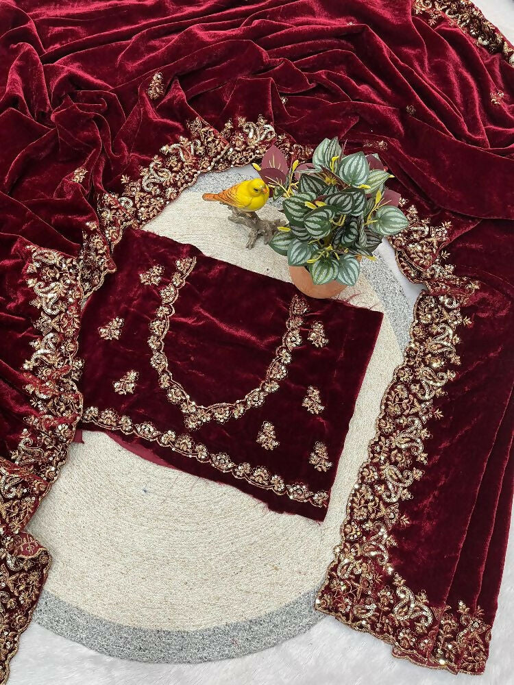 Joban Fashion Maroon 9000 Velvet Party Wear Sarees - Distacart