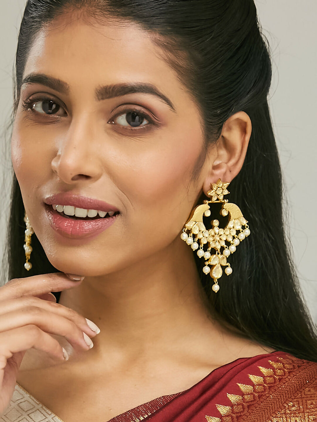 Nuyug 22K Gold-Plated Kundan and Pearl Earrings with Floral Stud and Intricate Crescent Design Chandbalis - Distacart