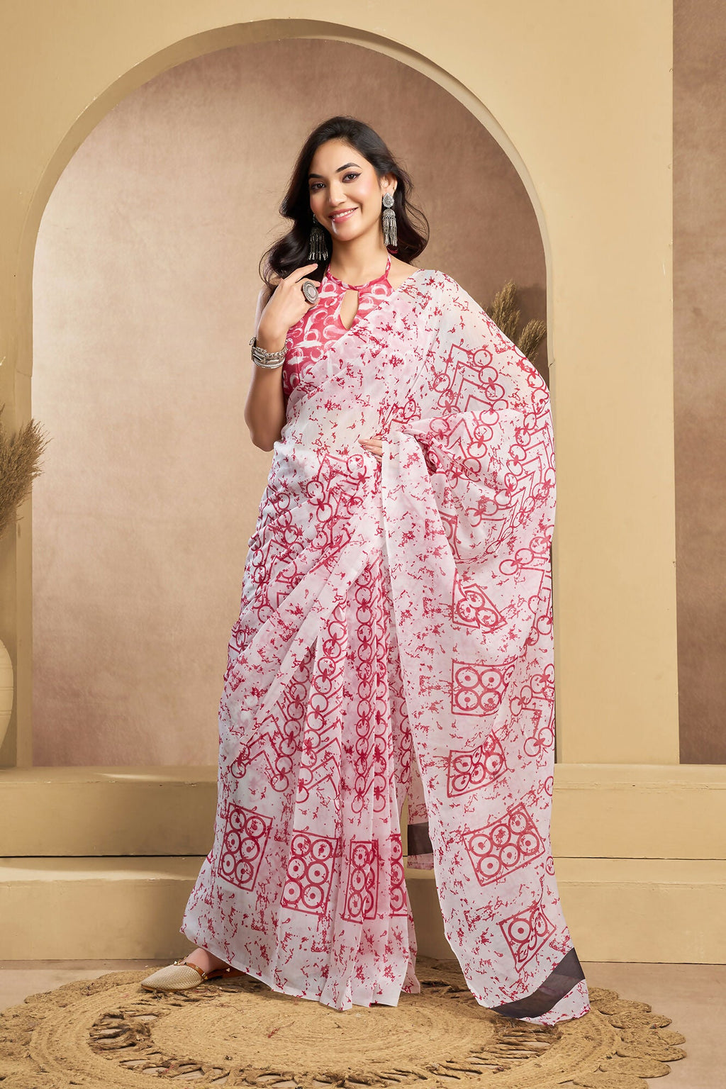 Vastranavya White Red Digital Printed Linen Ready To Wear Designer Saree with Unstitched Blouse - Distacart