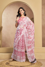 Vastranavya White Red Digital Printed Linen Ready To Wear Designer Saree with Unstitched Blouse - Distacart