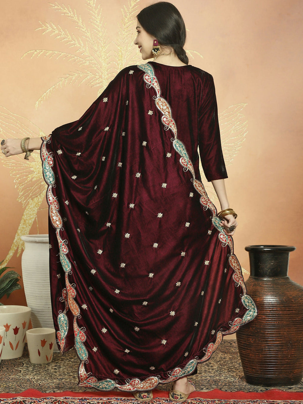 Jyoti Fashion Women's Maroon Velvet Cording with Resham Thread & Sequin Kurta with Trouser & Dupatta