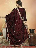 Jyoti Fashion Women's Maroon Velvet Cording with Resham Thread & Sequin Kurta with Trouser & Dupatta