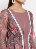 Myshka Women's Multi Organza Printed Full Sleeve Round Neck Casual Maxi Dress