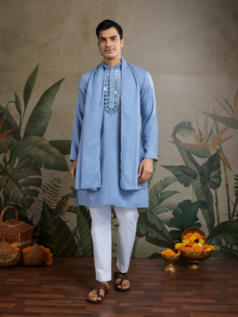 Vastranavya Light Blue Exclusive Viscose Silk Festival Wear Real Mirror Work Kurta with Dupatta