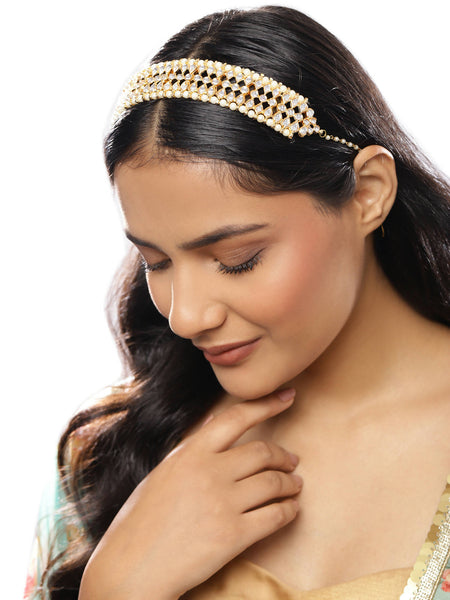 Gold-Polished White Kundan-Studded Pearl Beaded Hair Band - Ruby Raang