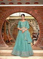 Sky Blue Chinon Crushed Sequence and Thread Embroidery Work Lehenga Choli with Dupatta - Viharini