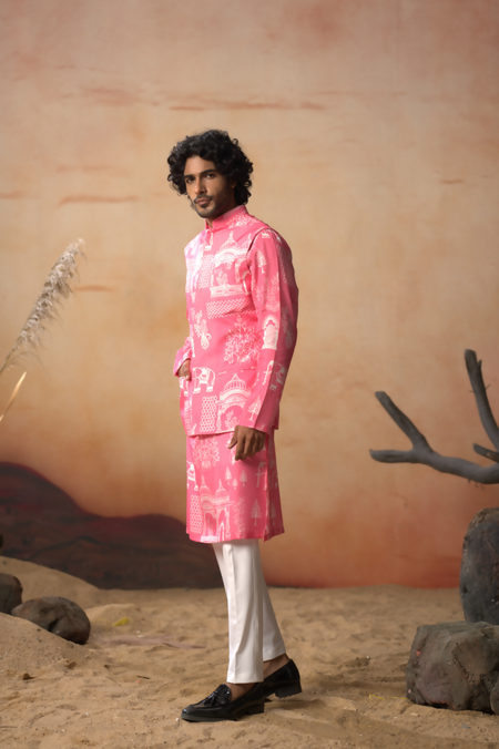 Botanical Architecture Traditional Printed Silk Nehru Jacket Set by Hilo Design