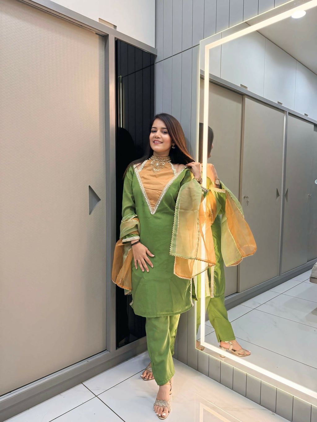 Anaita Parrot-Green Roman Shimmer Readymade Kurti Set with Designer Handwork - Distacart