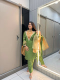 Anaita Parrot-Green Roman Shimmer Readymade Kurti Set with Designer Handwork - Distacart