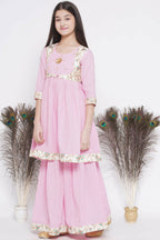 Little Bansi Floral Embroidery Jacket With Cotton Kantha Frock Sharara And Dupatta With Ghungroo Handwork - Pink