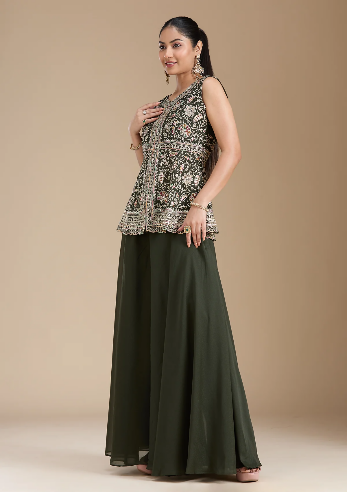 Teeya Creation Mehendi Color Star Georgette Party Wear Designer Peplum Sharara Set