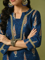 Myshka Women's Blue Printed Cotton Straight Party Kurta Set