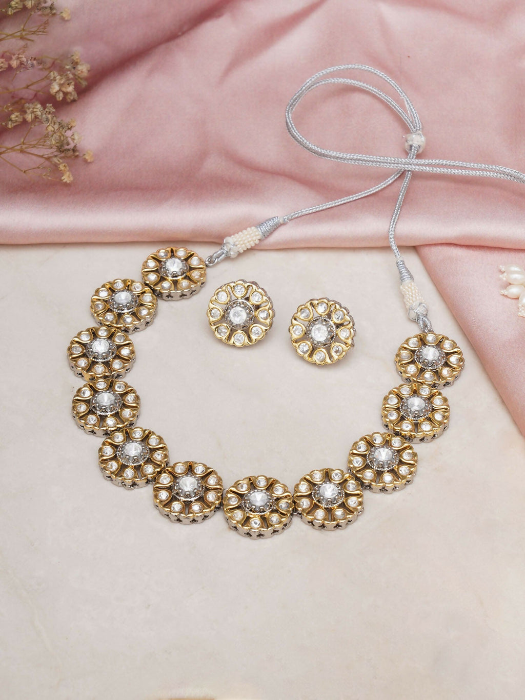 Kundan Choker with Studs Jewellery Set (silver) - Ruby Raang