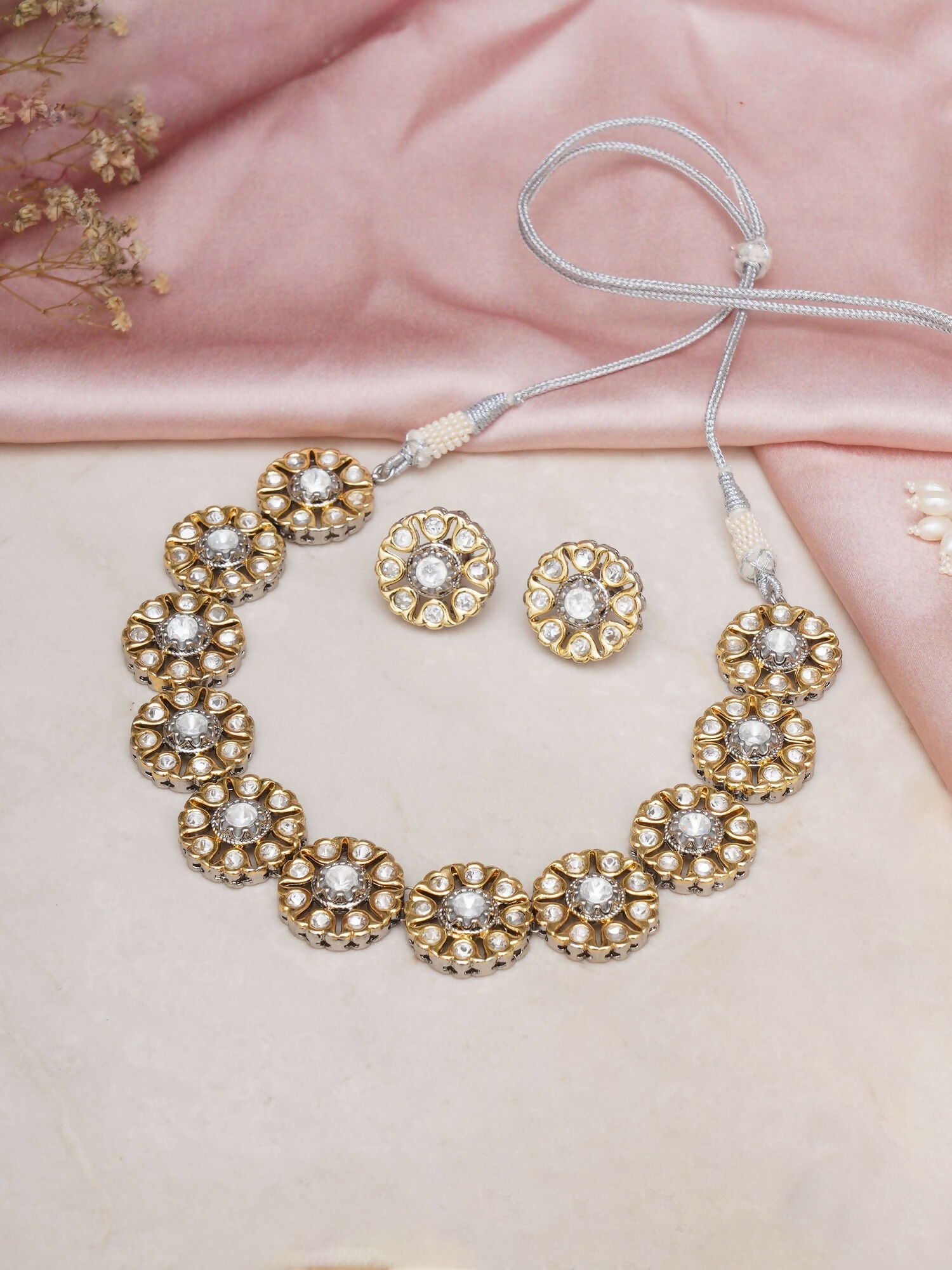 Kundan Choker with Studs Jewellery Set (silver) - Ruby Raang