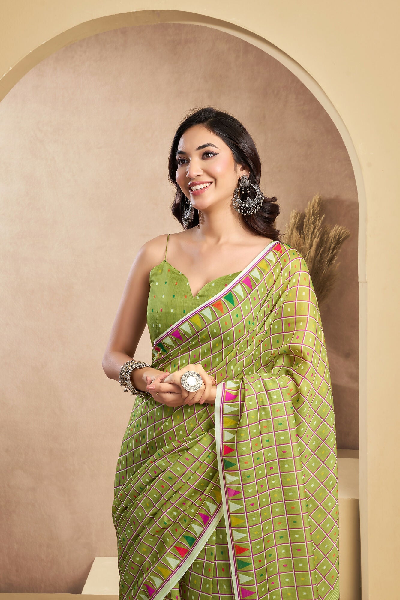 Vastranavya Mehendi Digital Printed Linen Ready To Wear Designer Saree with Unstitched Blouse - Distacart