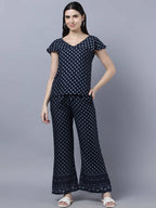 Myshka Women Navy Blue Ethnic Motifs Printed Pure Cotton Top with Palazzos - Distacart