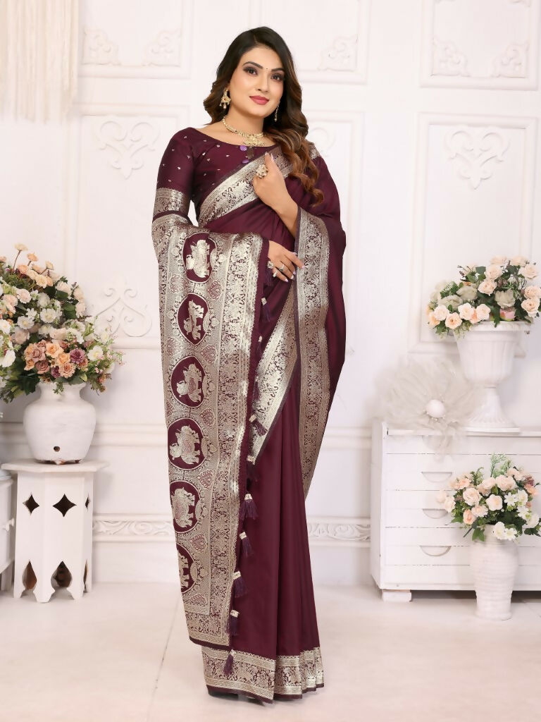 Anaita Dark Brown Banarasi Silk With Beautiful Gala Weaving Saree With Blouse