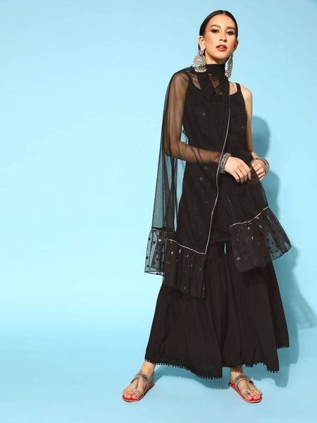 Ahalyaa Women Black Colour Crepe Foil Printed Kurta Sharara Set With Dupatta