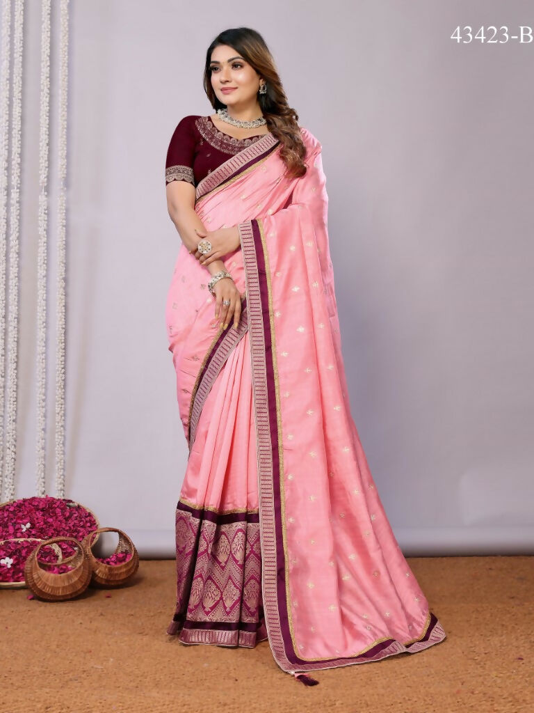 Pink Tusser Silk Zari And Sequins Embroidery Saree - Norita Saumya